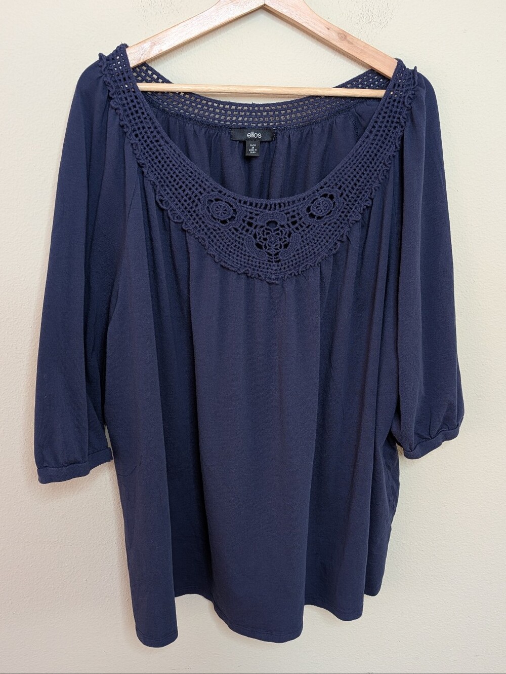 Ellos Navy Blue Crochet Lace Boho Cotton Modal Peasant Top Size 2X (26/28)
